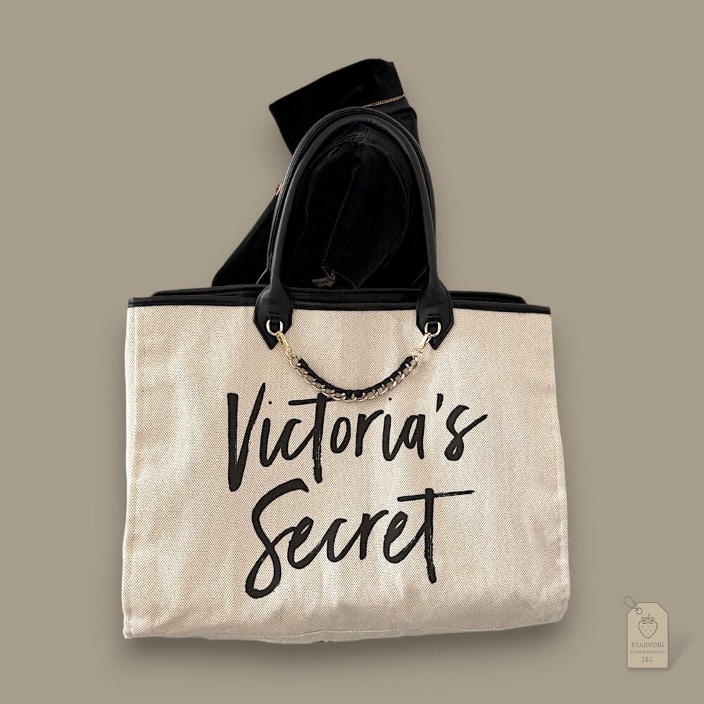 Victoria's Secret 2017 Beige Canvas Tote | Script Logo & Chain